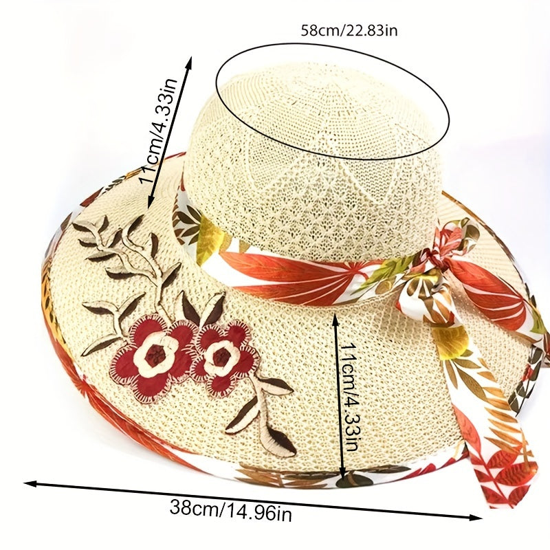 1pc Satin Print Streamer Decorative Sun Hat Personalized Flower Embroidered Wide Brim Hat Summer Stylish Sunshade Beach Hats For Women