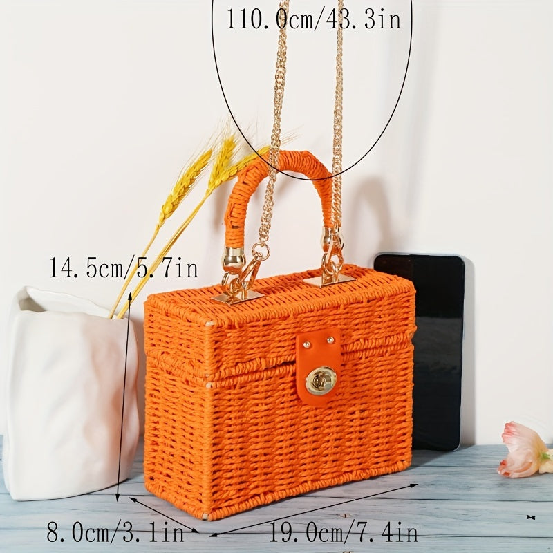 Straw Woven Box Handbags, Boho Style Crossbody Bag, Women's Mini Square Purse For Holiday Beach