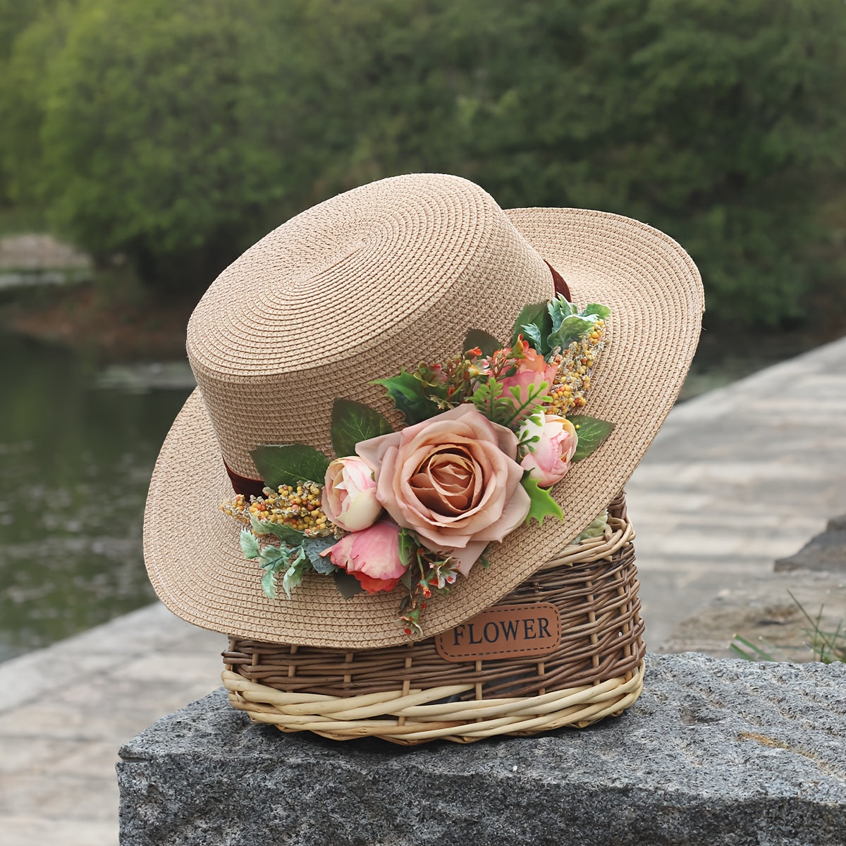 Handmade Flower Straw Hat Solid Color Elegant Beach Sunscreen Hat Small Top Hats Easter For Women