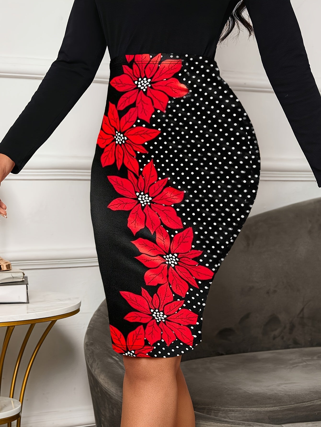 Floral Print High Waist Slim Skirt, Elegant Polka Dot Skirt For Spring & Summer, Women's Clothing