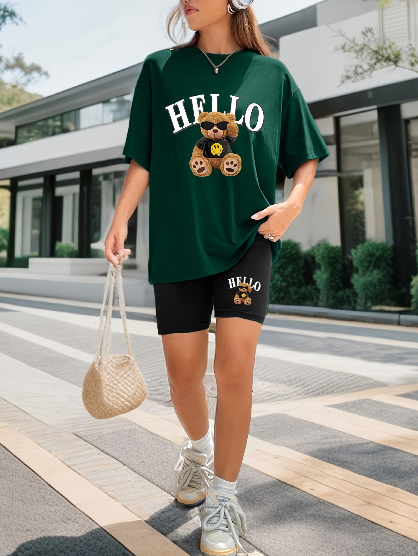 Hello Bear Print Casual Shorts Set, Crew Neck Short Sleeve Top & Elastic Waist Shorts Outfits For Spring & Summer, Women's Clothing