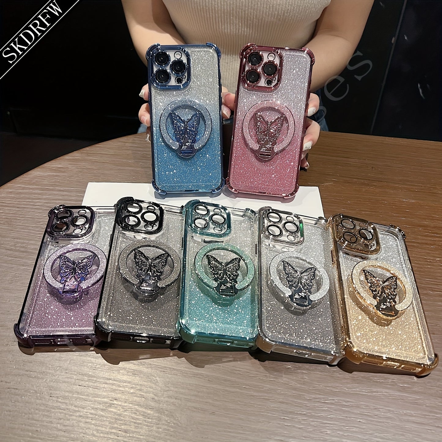 New Luxury Butterfly Glitter Bracket Super Strong Magnetic Ring with Lens Protection Film Transparent Electroplated Mobile Phone Case Suitable for Apple Mobile Phones for iPhone 16/16pro/16plus/16promax/15/15pro/15plus/15prom