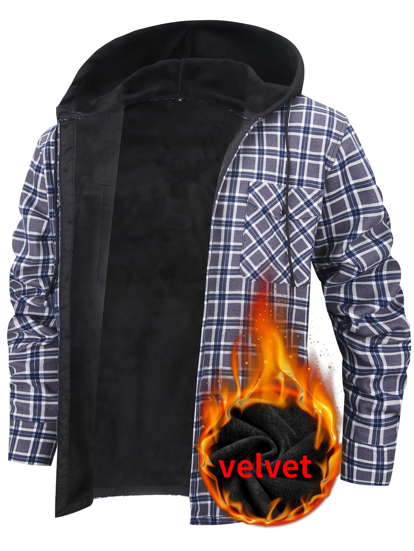 Men's Plaid Hooded Long Sleeve Shirt with Pockets, 100% Polyester Woven Fabric, Adult Basic Winter Warm-Up Top with Hood, No Bra, Elastic Fit, Regular Fit