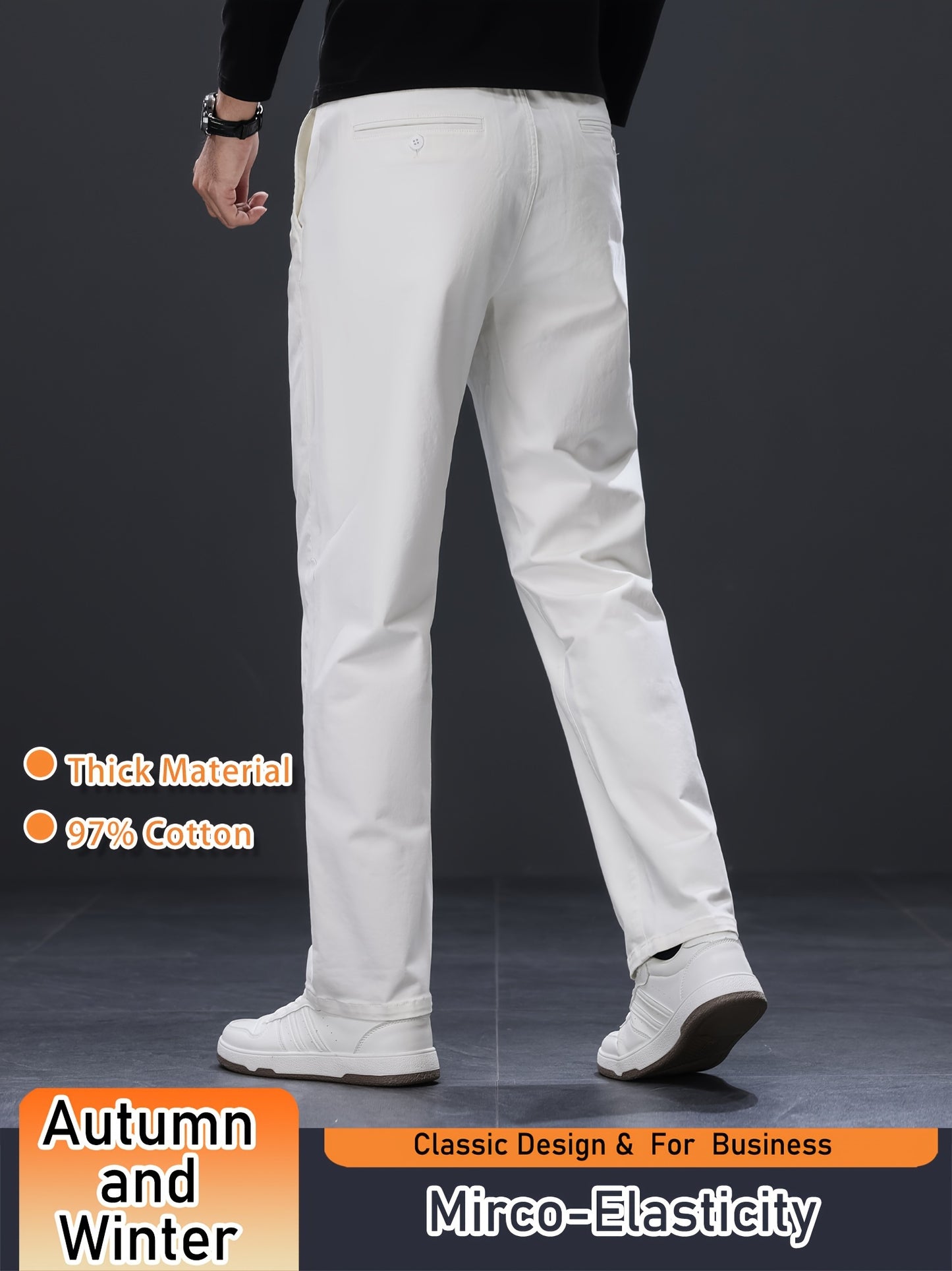 Men's Business Casual Trousers, Thickened Autumn/Winter Warm Straight-Leg Pants, Cotton Blend, Light Business Style, Stretch Fabric, Solid Color, Regular Fit, Mid-Waist, Regular Length, Woven Fabric