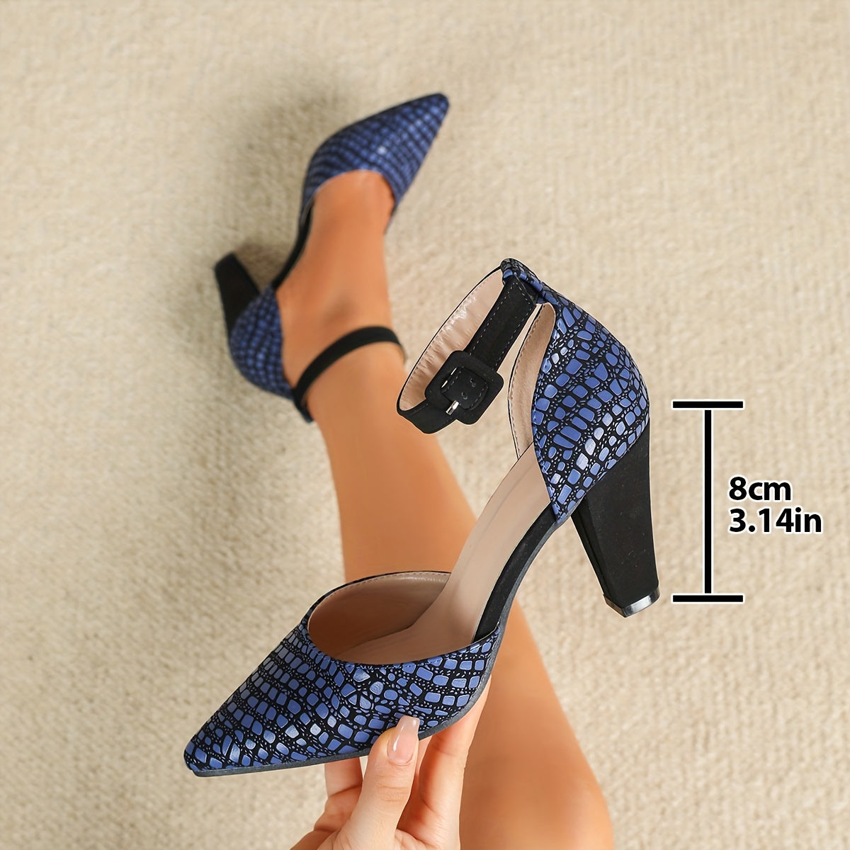 Women's D'Orsay Block High Heels, Fashion Crocodile Pattern Ankle Strap Pumps, Elegant Party Dress Shoes