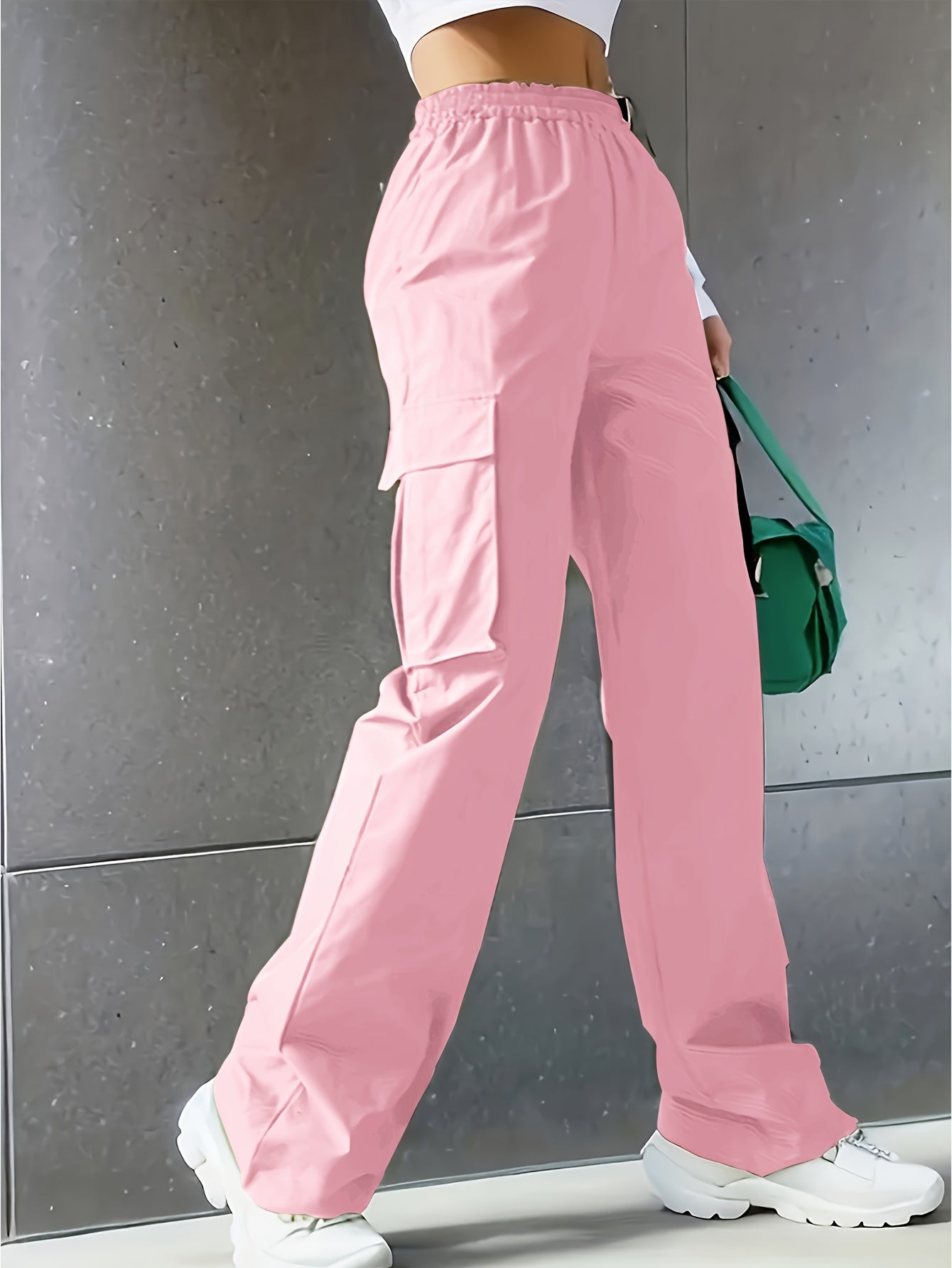 Solid Color Cargo Pants 2 Packs, Casual Elastic Waist Wide Leg Flap Pockets Pants, Women's Clothing