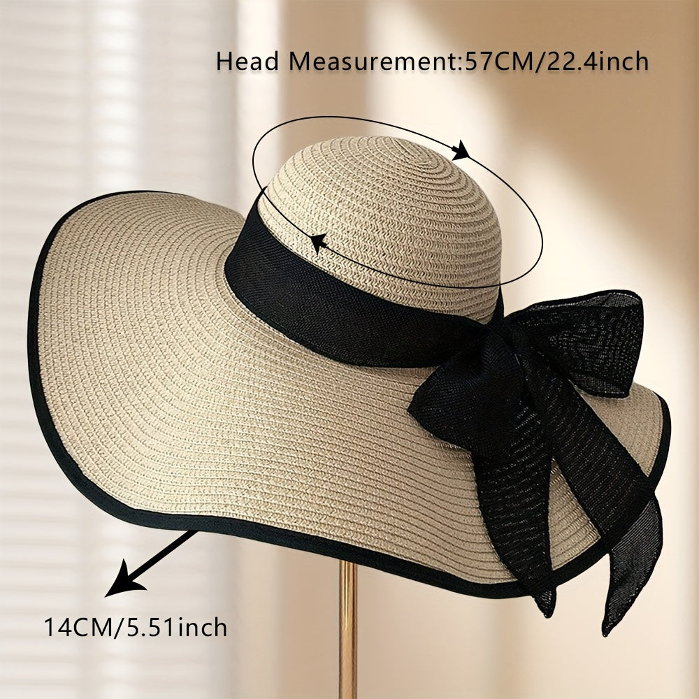 Women's Lafite Grass Woven Straw Hat with Black Bow - Summer Sun Protection Wide Brim Beach Cap, Foldable, Non-Stretch, Featherless Craftsmanship