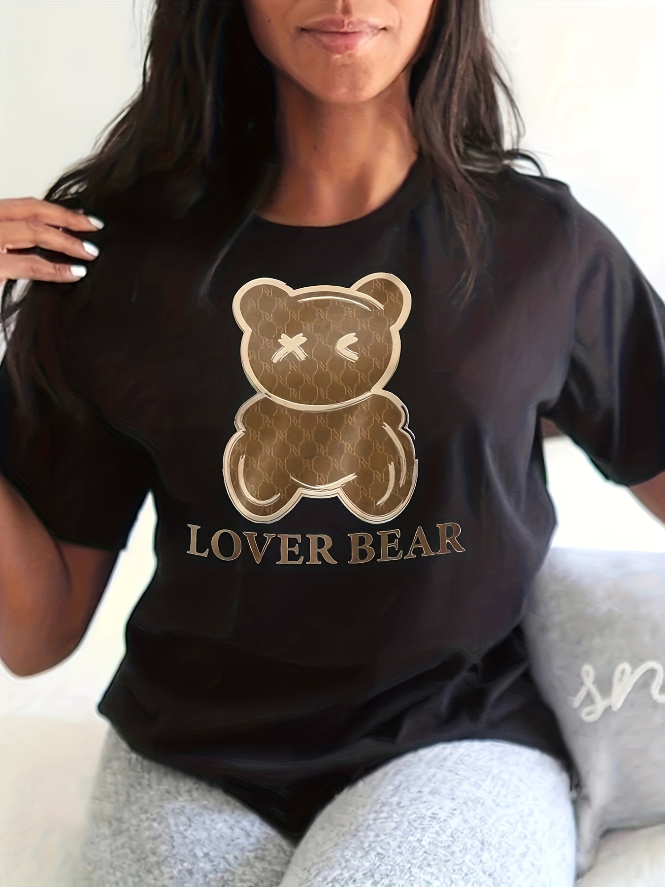 Lover Bear Print T-Shirt, Short Sleeve Crew Neck Casual Top For Summer & Spring, Women's Clothing