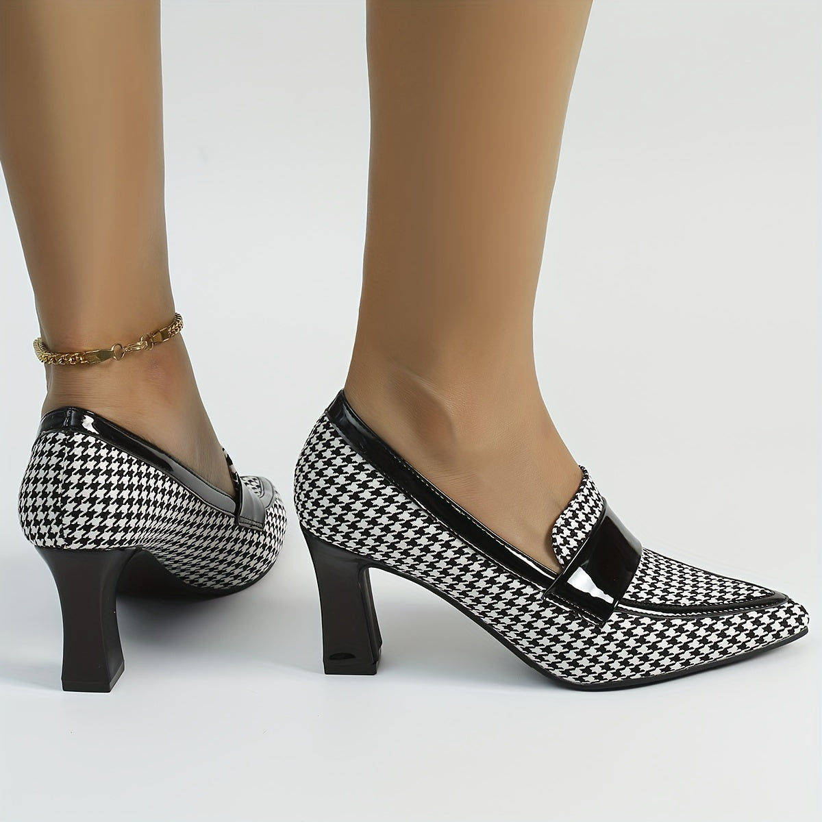 Women's Houndstooth Pattern Pumps, Fashion Pointed Toe Block Heels, All-Match Going Out Shoes