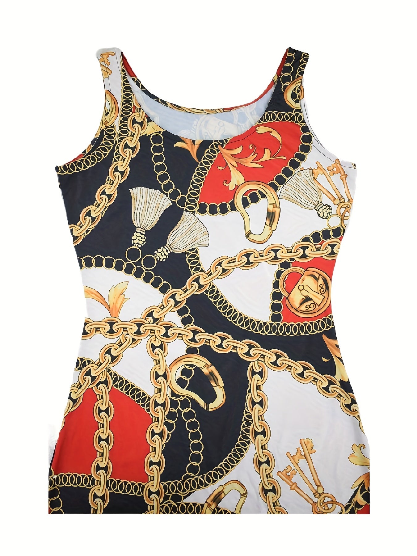 Chic Knee-High Chain Print Bodycon Dress - Crew Neck Sleeveless, Mid-Elastic Knit for Spring & Summer