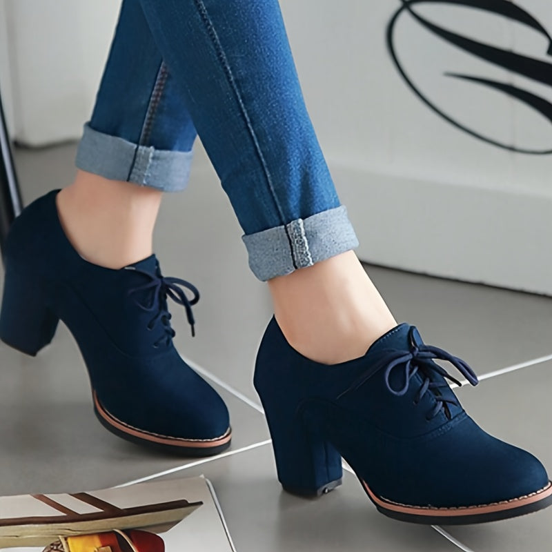 Women's Lace Up Pumps, Solid Color Round Toe Chunky Heels, Comfy All-Match Office Shoes