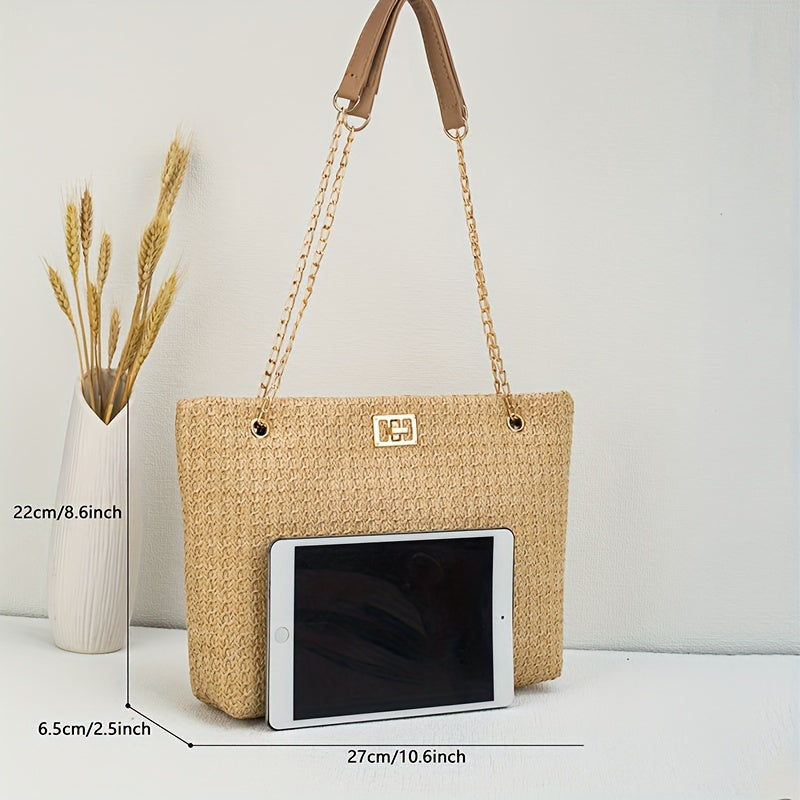 Straw Woven Versatile Portable Shoulder Bag, Large Capacity Tote Bag For Vacation