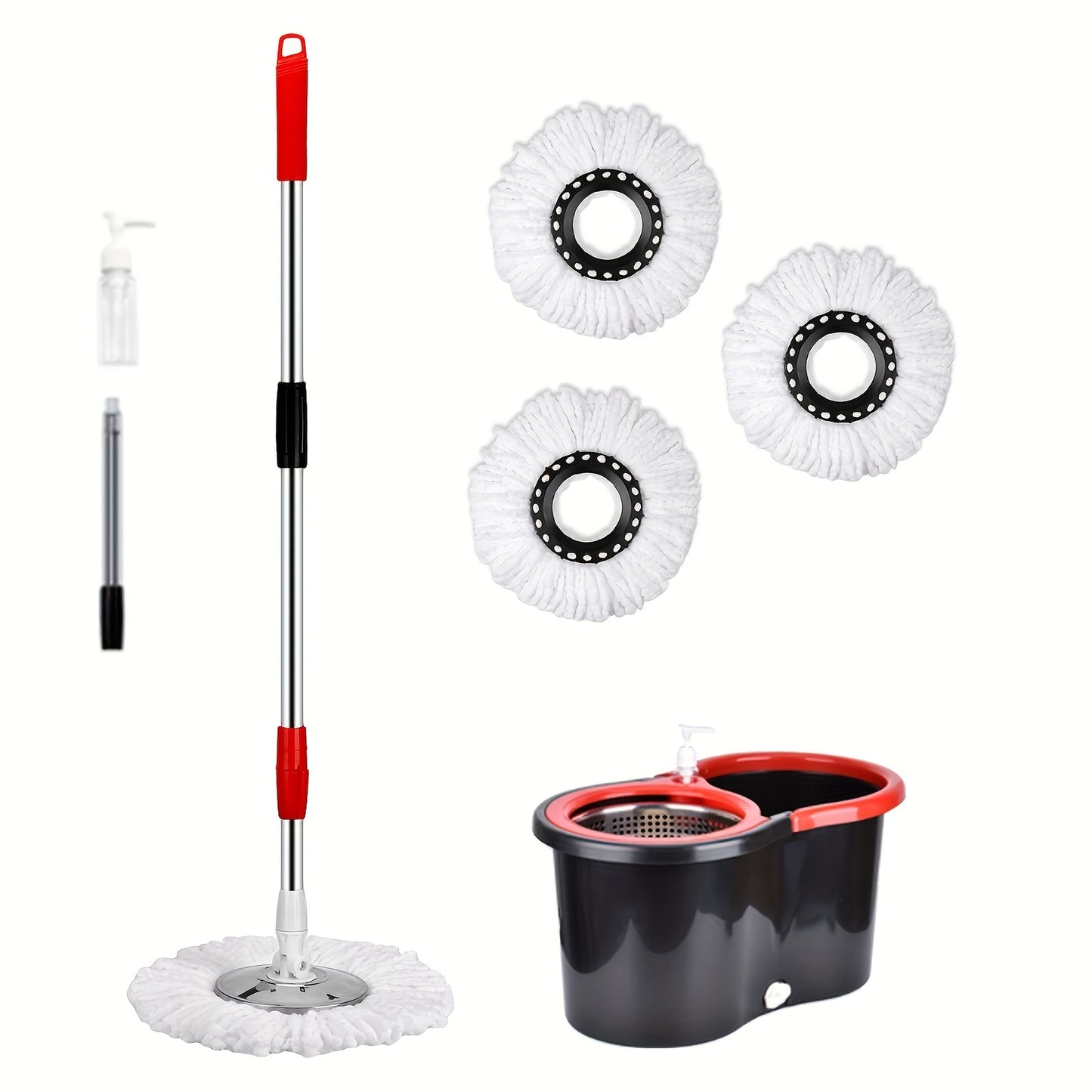 Spin Mop And Bucket With Wringer Set, Bathroom Mop Bucket, School Bathroom, 360° Spinning Mop Bucket System With 3 Microfiber Mop Replacement Heads And 61" Stainless Steel Adjustable Handle  Bucket Floor Cleaning System