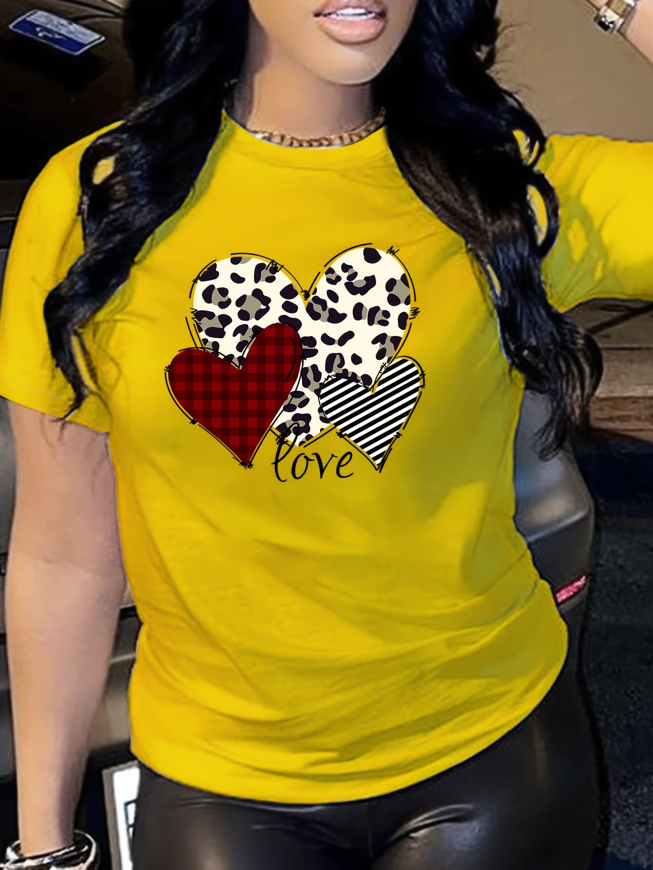 Heart & Love Print Summer T-shirt, Versatile Short Sleeve Crew Neck Top, Women's Clothing