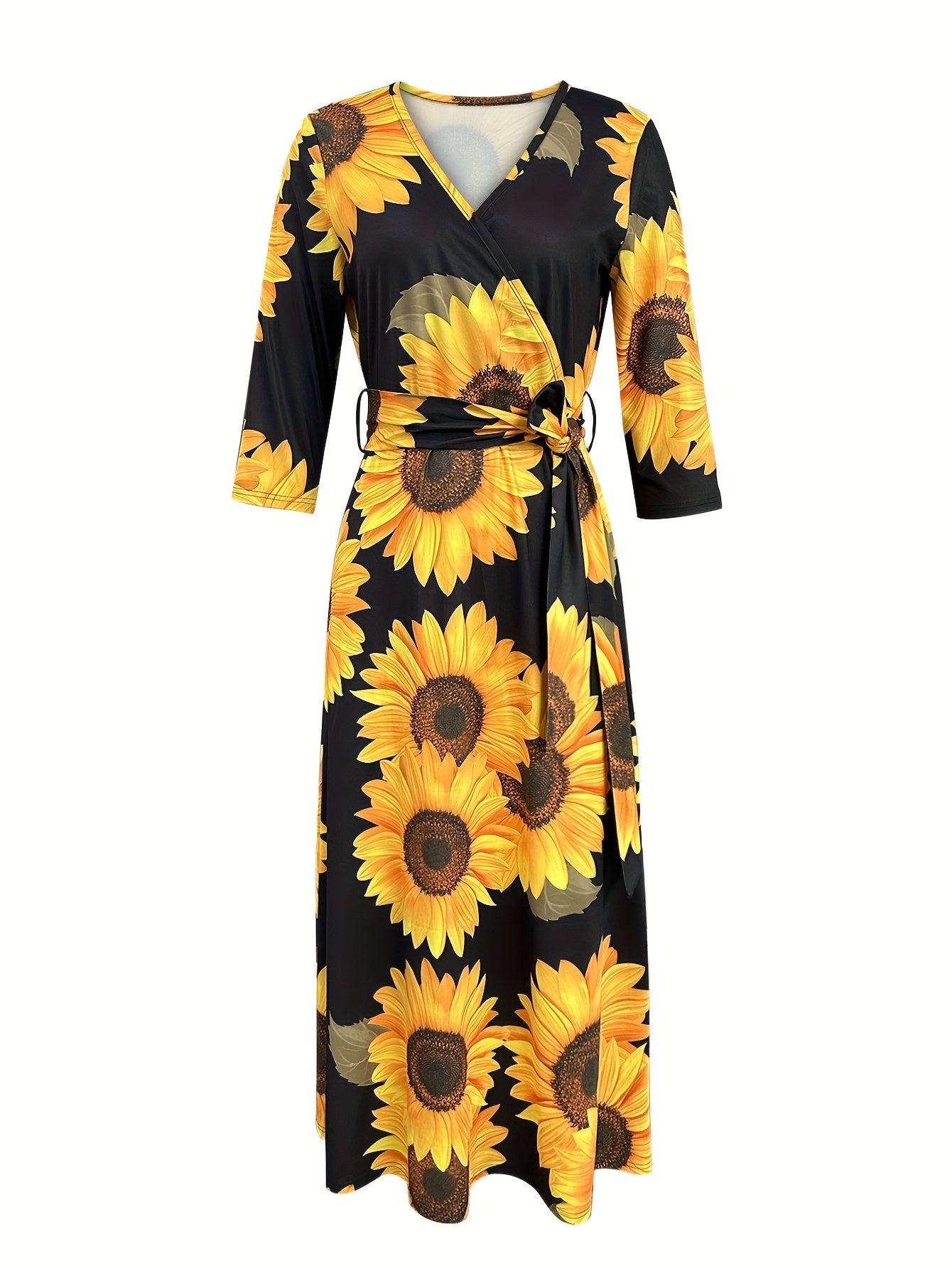 Sunflower Print Dress, Casual V Neck 3/4 Sleeve Dress, Women's Clothing