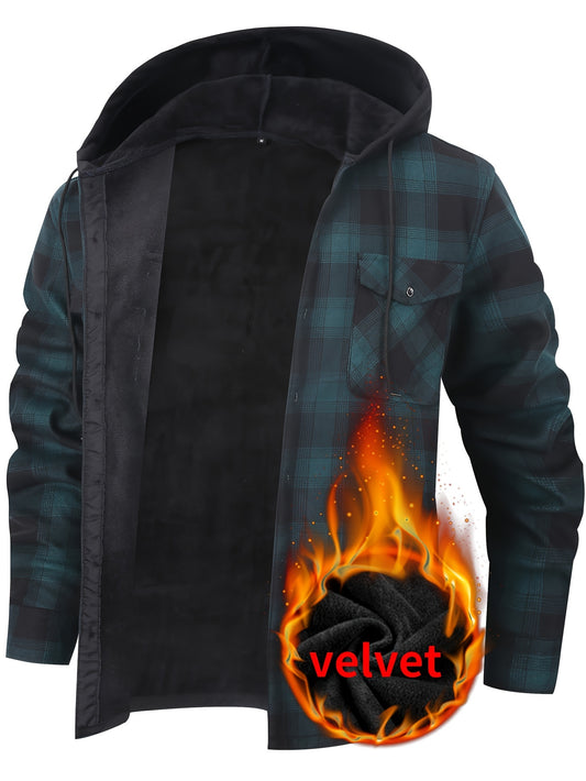 Men's Plaid Hooded Long Sleeve Shirt with Pockets, 100% Polyester Woven Fabric, Adult Basic Winter Warm-Up Top with Hood, No Bra, Elastic Fit, Regular Fit