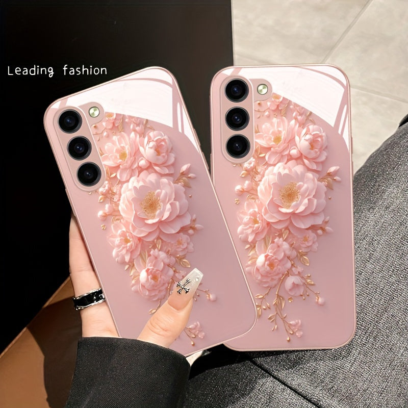 Pink Flower Glass Phone Case For SamSung For Galaxy Series - Compatible with s24/s24 plus/s24 ultra, s23/s23 plus/s23 ultra, s22/s22 plus/s22 ultra, s21/s21 plus/s21 ultra/s21 fe, s20/s20 plus/s20 ultra, A 03/a 04/a 13/a 14/a