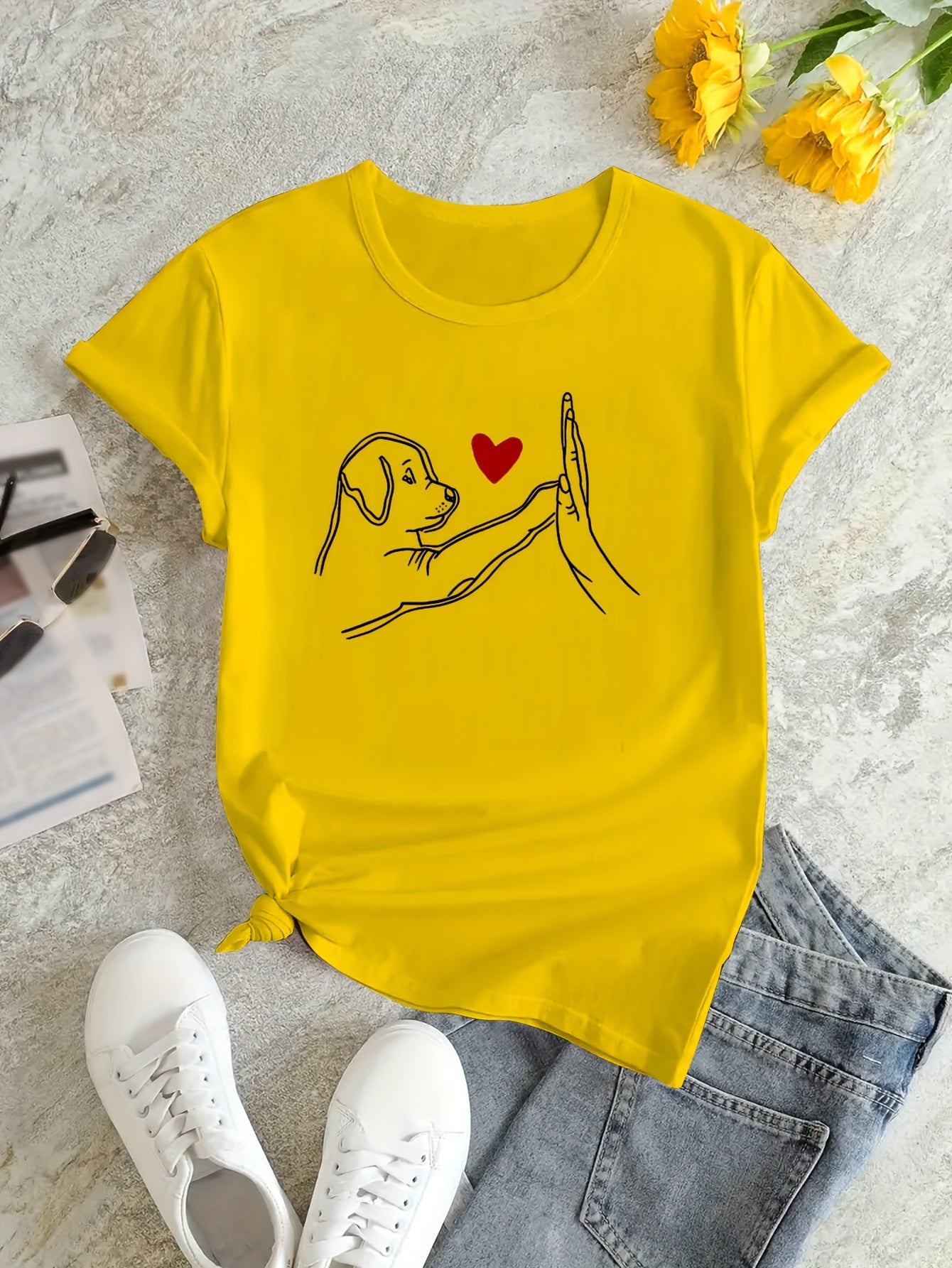 Cute Dog Print T-shirt, Short Sleeve Crew Neck Casual Top For Summer & Spring, Women's Clothing