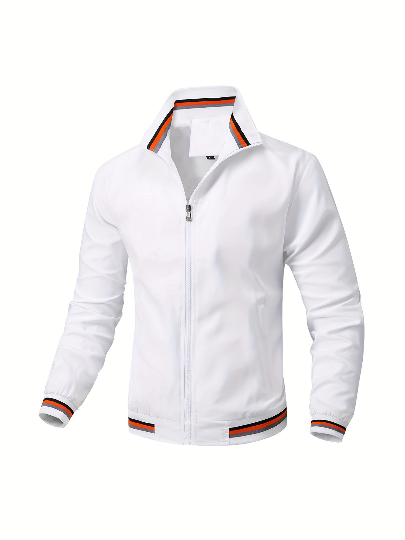 Stripe Edge Bomber Jacket, Men's Casual Stand Collar Zip Up Jacket For Running Outdoor