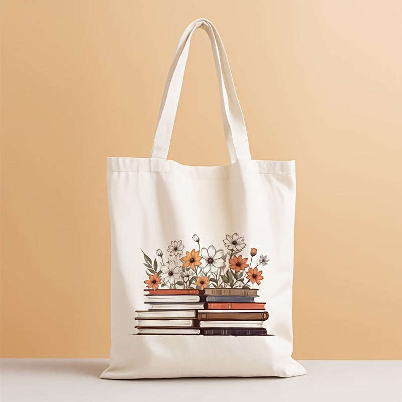 1pc Book and Flower Pattern Shoulder Bag Shopping Canvas Bag Canvas Tote Bag Tote Casual Canvas School Multifunctional Shopping Bag