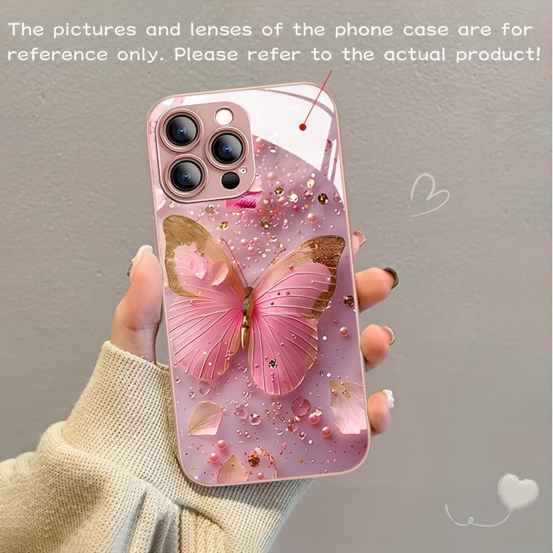 Engraved Pink Butterfly Pattern Glass Phone Case for iPhone 16/16Plus/16Pro/16ProMax 15/15Plus/15Pro/15ProMax/14/14Plus/14Pro/14ProMax/13/13Pro/13ProMax/12/12Pro/12ProMax/11/11/11Pro Max/x/xs/xr/xs max/7/8/7 Plus/8 Plus