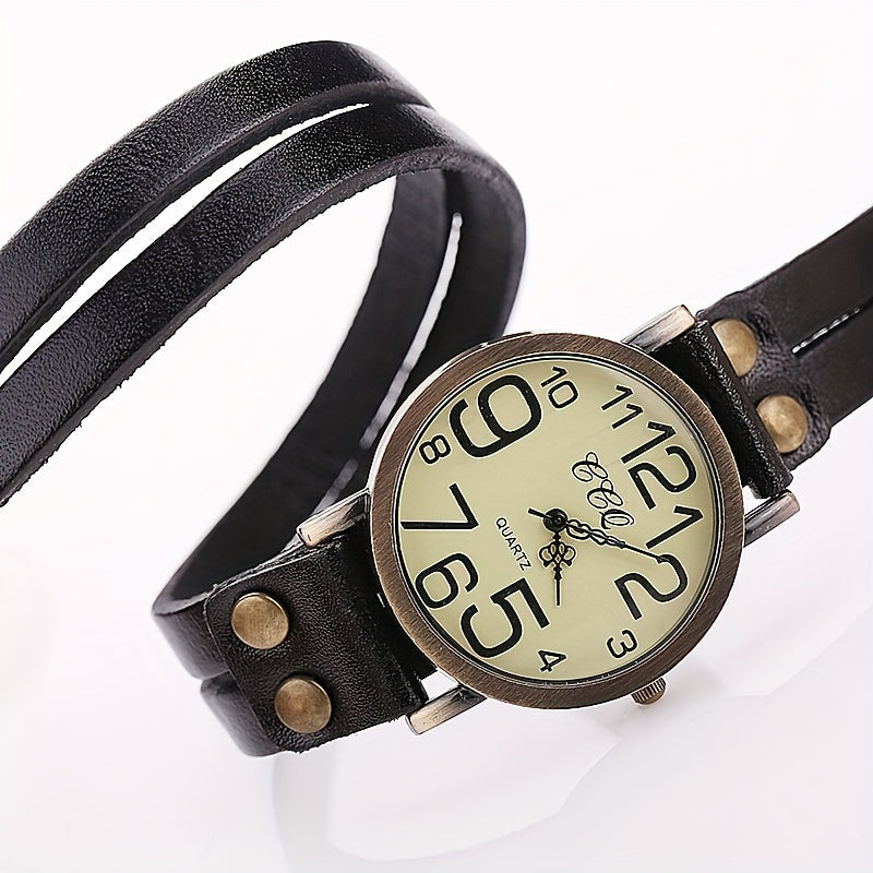 Chic Women's Vintage-Inspired Quartz Watch with Round Dial & Faux Leather Strap - 1pc Set