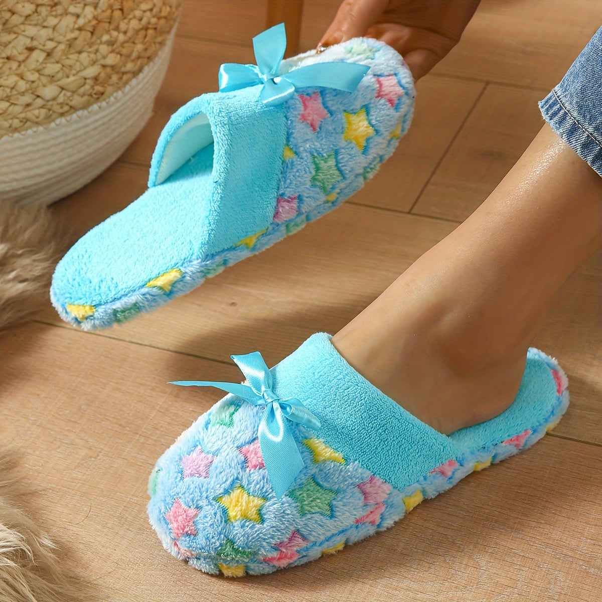 Bowknot Decor Fuzzy Slippers, Stars Print Soft Sole Closed Toe Plush Lined Shoes, Indoor Non-slip Home Warm Shoes