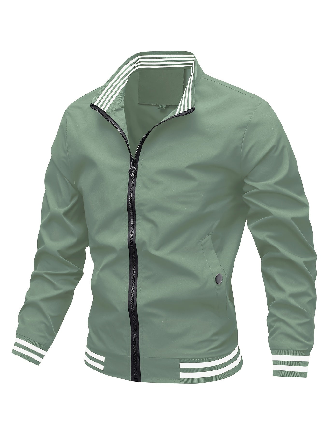 Men's Striped Jacket With Pockets, Casual Stand Collar Zip Up Long Sleeve Outwear For Outdoor