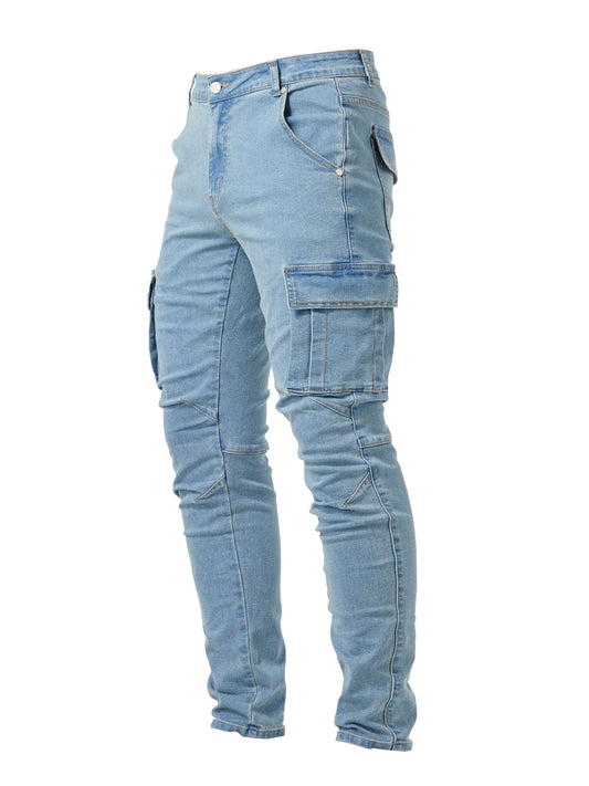 Slim Fit Multi Pocket Jeans, Men's Casual Street Style High Stretch Denim Cargo Pants