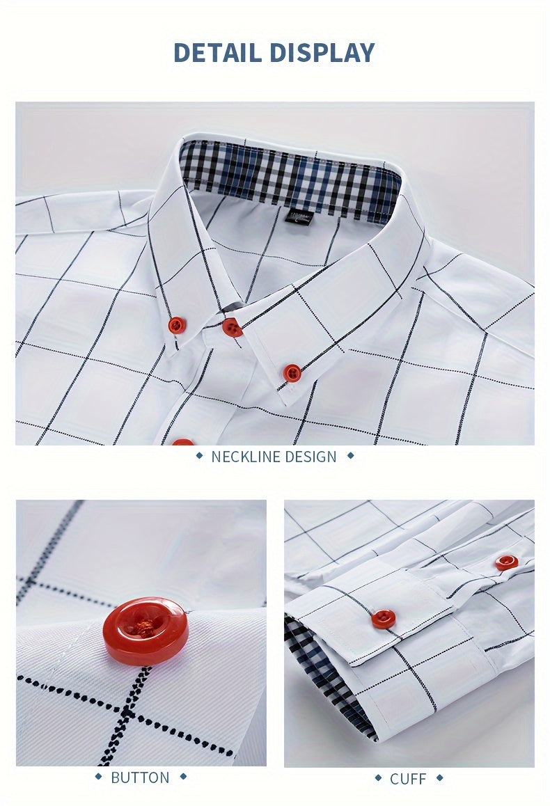 Men's Plaid Design Dress Shirts, Long Sleeve Casual Button Down Shirt For Formal Occasions