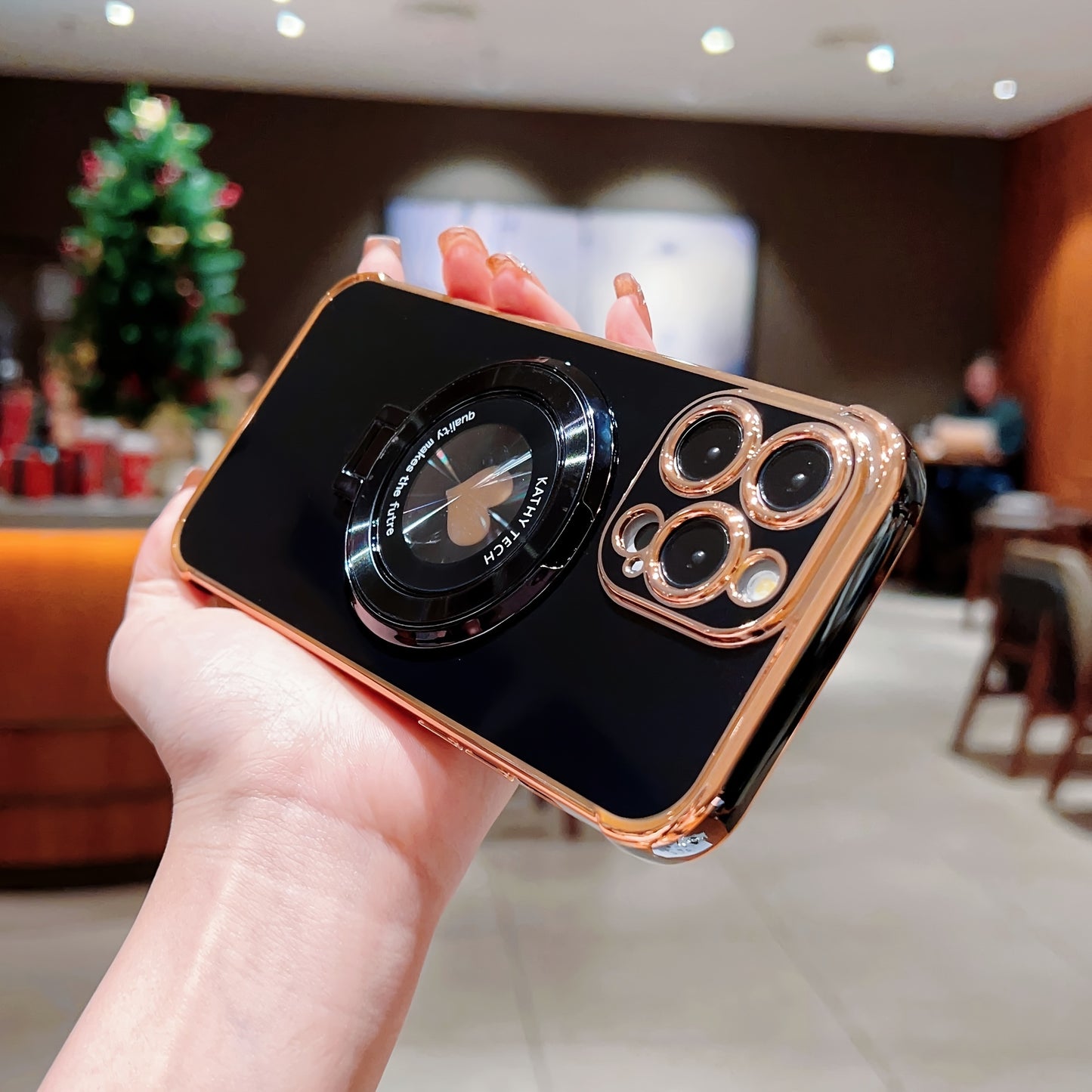 Luxury Case for iPhone 14, for iPhone 14 Plus Case, for iPhone 14 Pro Case, for iPhone 14 Pro Max Case with Ring Holder Stand Magnetic Kickstand, Lightweight Slim Fit Plated Rose Golden Edge TPU Camera Protection Shockproof N