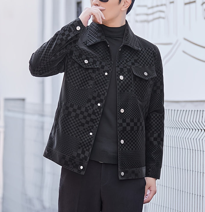 Men's Casual Checkerboard Pattern PU Leather Jacket, Button Up Lapel Jacket