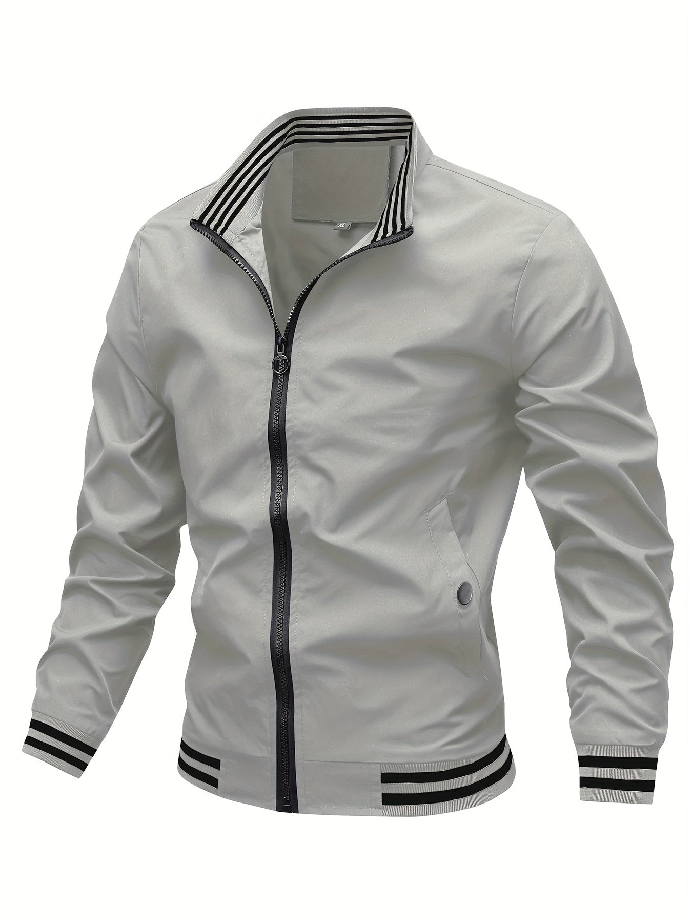 Men's Striped Jacket With Pockets, Casual Stand Collar Zip Up Long Sleeve Outwear For Outdoor