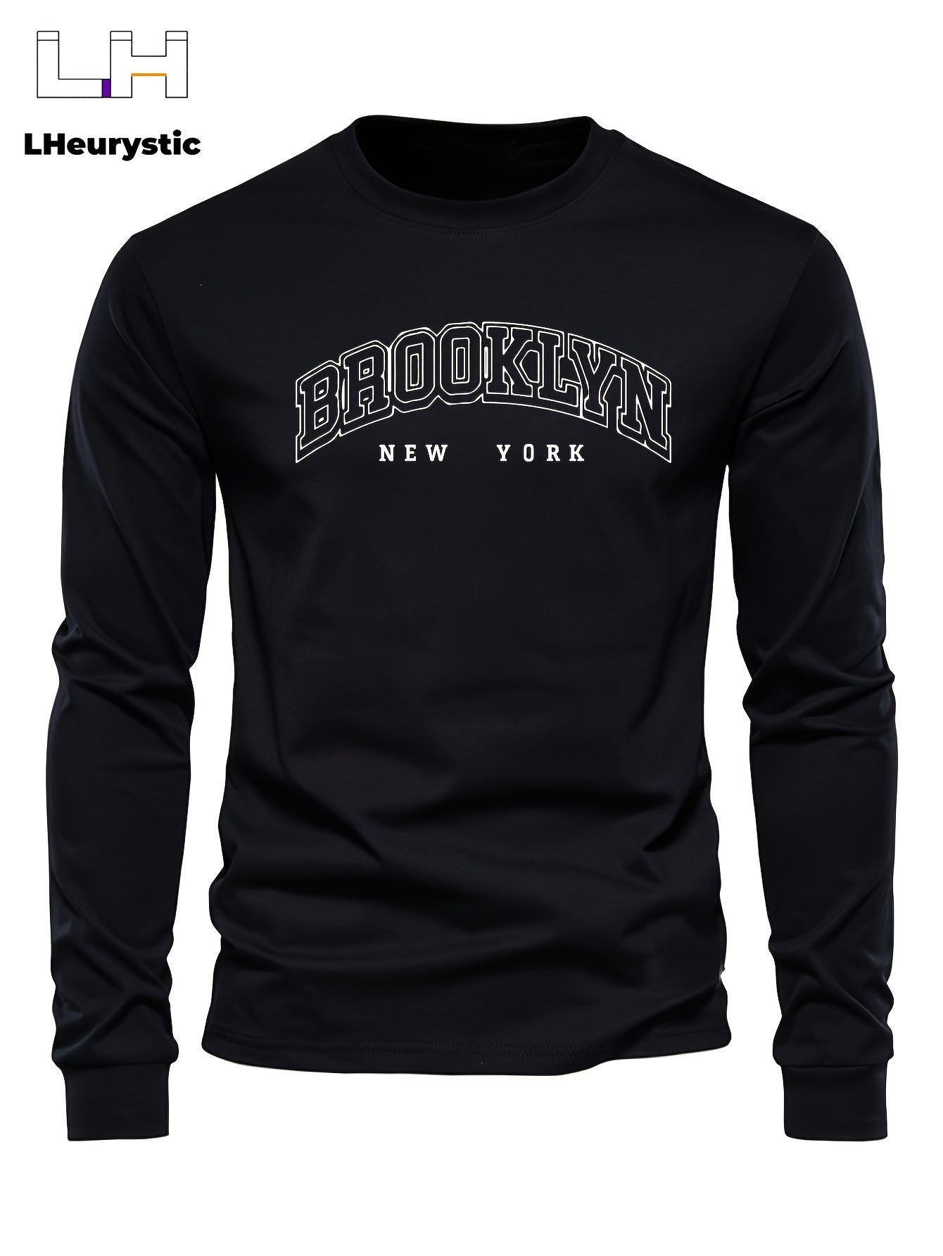 BROOKLYN NEW YORK Print, Men's Graphic Design Crew Neck Long Sleeve T-shirt, Casual Comfy Shirts For All Seasons, Men's Flexible Clothing Tops