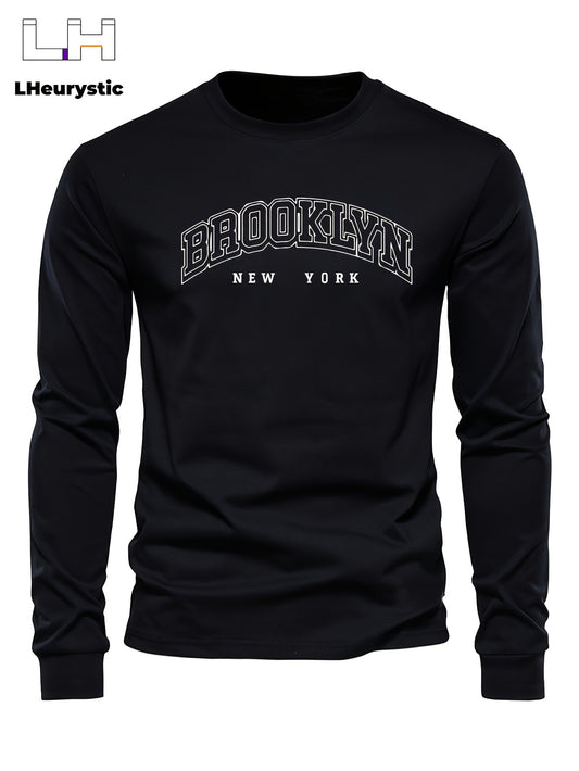 BROOKLYN NEW YORK Print, Men's Graphic Design Crew Neck Long Sleeve T-shirt, Casual Comfy Shirts For All Seasons, Men's Flexible Clothing Tops