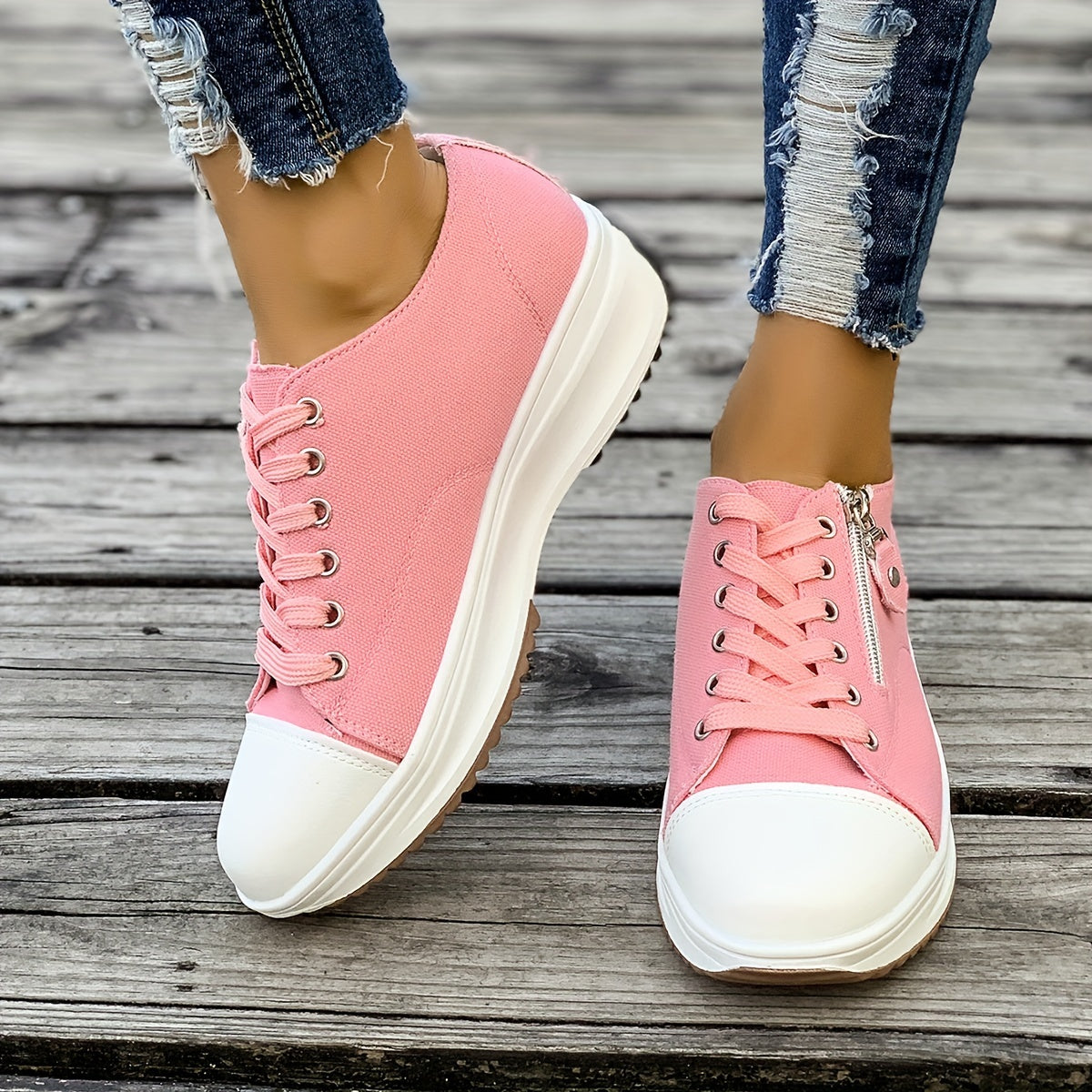 Women's Platform Canvas Sneakers, Trendy Zipper & Lace Up Low Top Sports Shoes, Casual Outdoor Walking Trainers