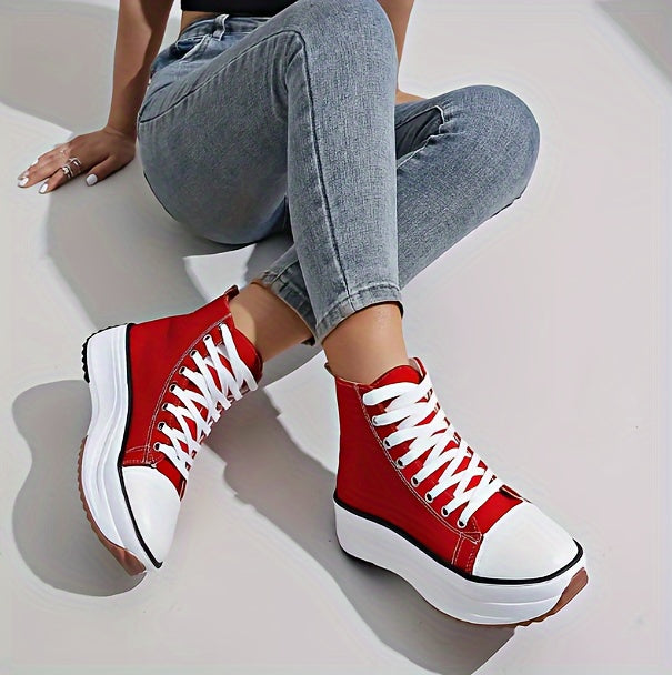 Women's Solid Color Casual Sneakers, Lace Up Soft Sole Platform Skate Shoes, Versatile High-top Canvas Shoes