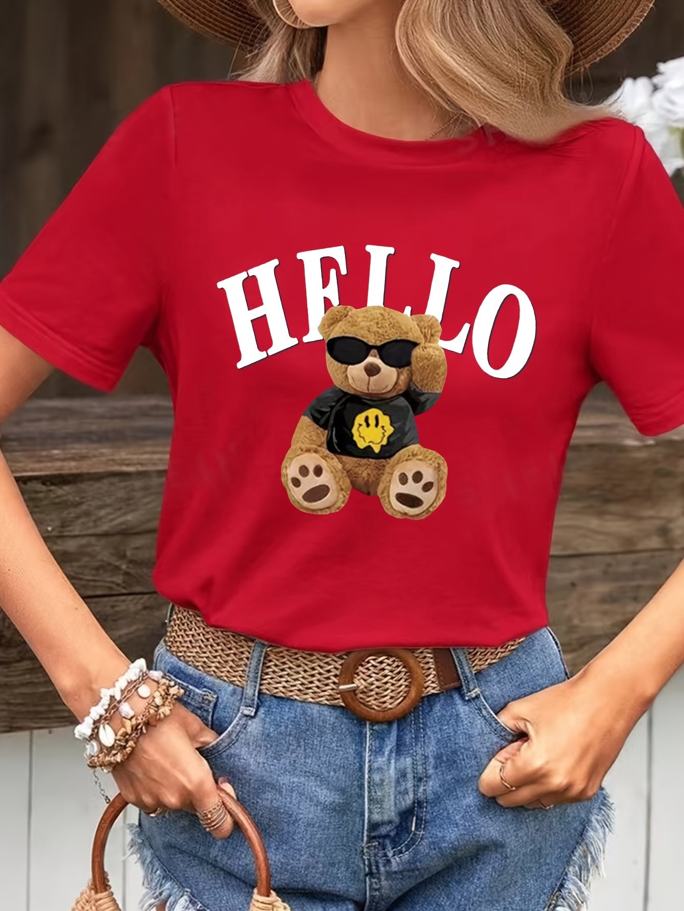 Bear & Hello Letter Print T-shirt, Short Sleeve Crew Neck Casual Top For Summer & Spring, Women's Clothing