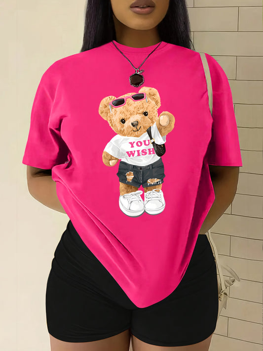 Teddy Bear Print Crew Neck T-Shirt, Casual Short Sleeve T-Shirt For Spring & Summer, Women's Clothing