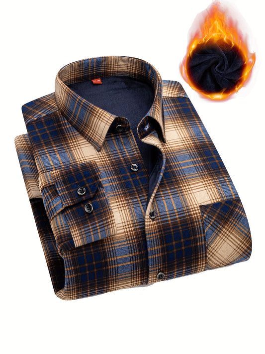 Men's Casual Plaid Long Sleeve Button-Down Shirt - Polyester Lapel Collar with Lining, Slight Stretch, Skinny Fit Woven Fabric for Fall/Winter, Single Breasted, Weekend Casual Style