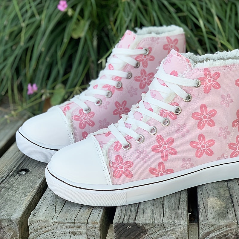 Women's High Top Canvas Shoes, Floral Printed Round Toe Lace Up Sneakers, Casual Flat Skate Shoes