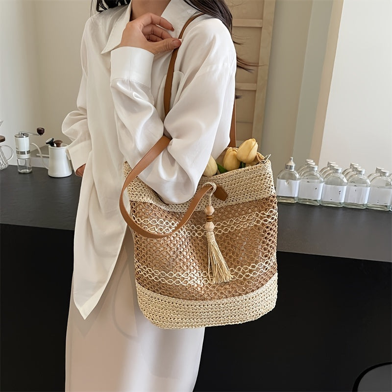 Casual Style Tote Bag With Tassel, Large Capacity Fabric Bag, Beach And Travel Bag For Women