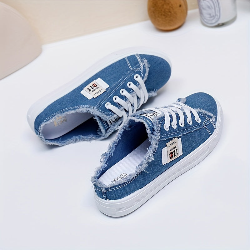 Women's Letter Patched Raw Trim Mules Sneakers, Lace Up Platform Canvas Shoes, Fashion Half Slippers