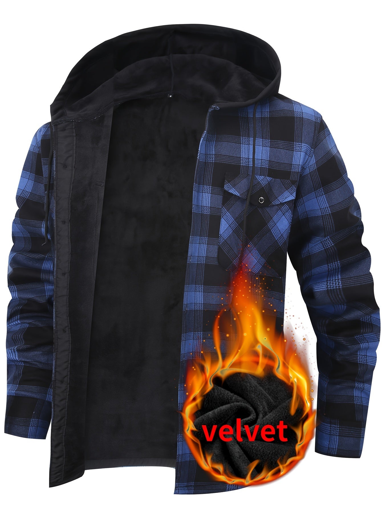 Men's Plaid Hooded Long Sleeve Shirt with Pockets, 100% Polyester Woven Fabric, Adult Basic Winter Warm-Up Top with Hood, No Bra, Elastic Fit, Regular Fit