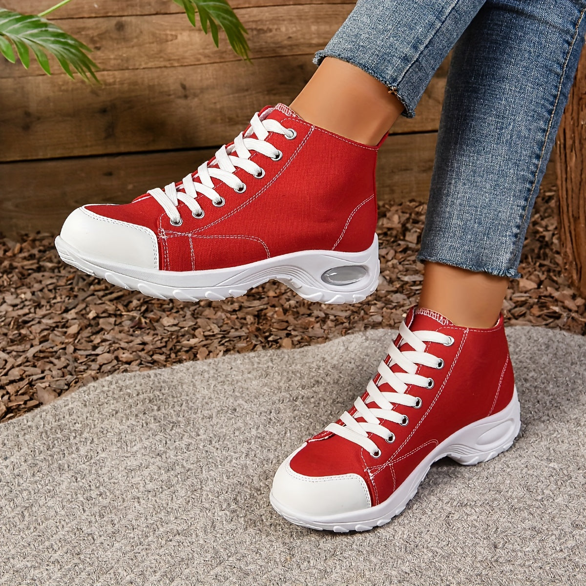 Women's Mid-Top Canvas Sneakers - Casual Lace-Up, Breathable Fabric, All-Season Comfort