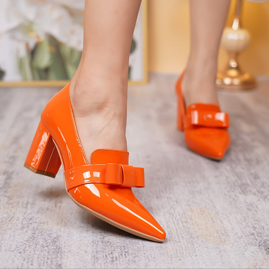 Women's Solid Color Bowknot Decor Block Heels, Elegant Point Toe Dress Pumps, Fashion Slip On Heels Koningsdag/King's Day