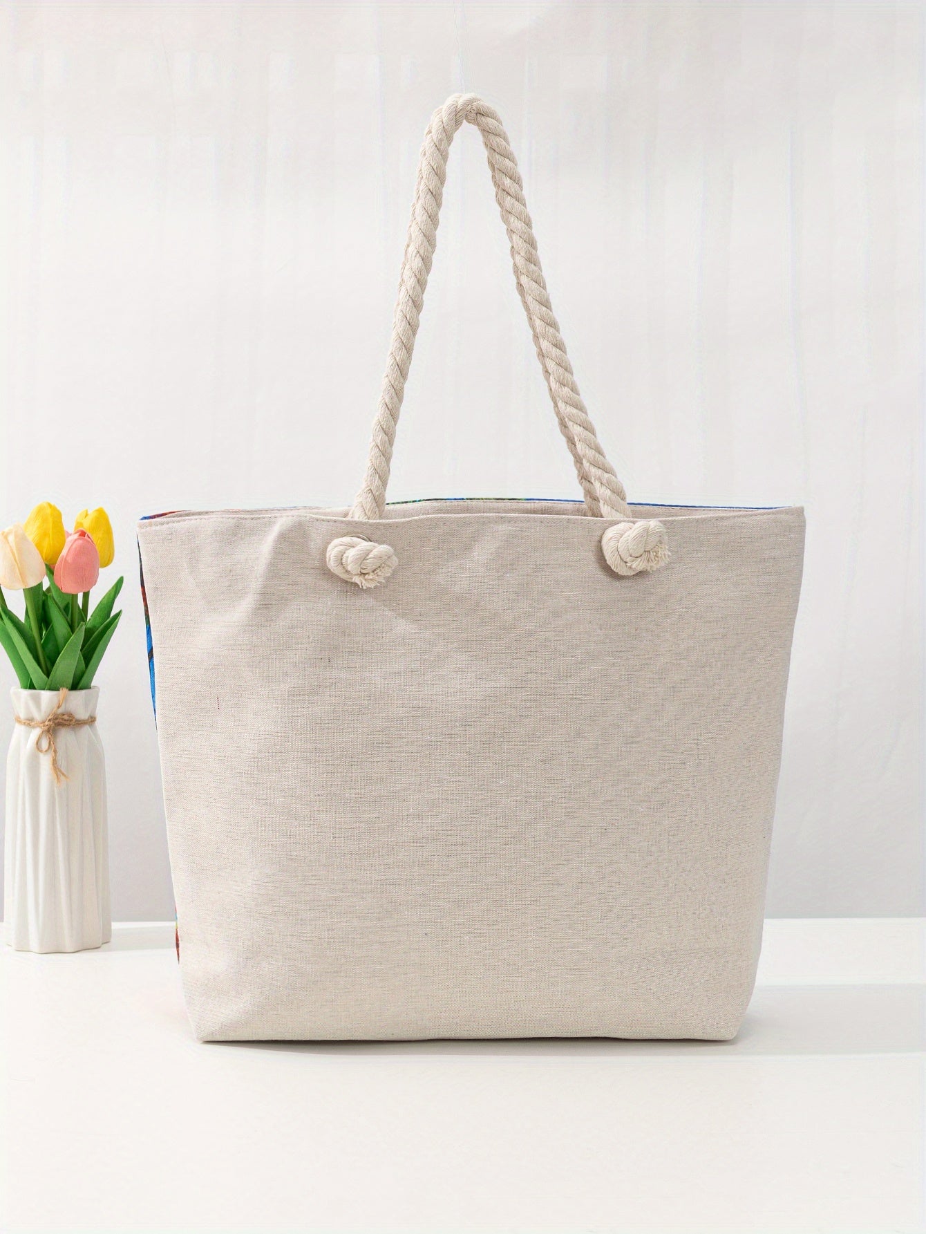 Ethnic Style Large Capacity Canvas Tote Bag with Flower & Elephant Print - Perfect for Everyday Use!