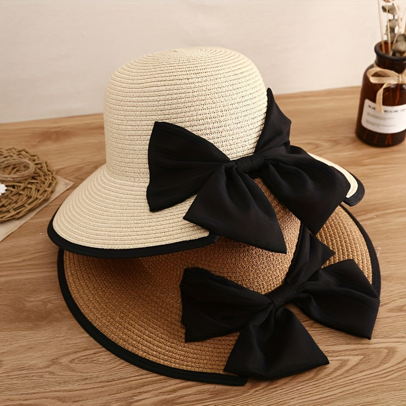 Black Bowknot Straw Hat Elegant Solid Coor French Style Sun Hats Trendy Travel Beach Hats For Women daily uses Summer Outdoor