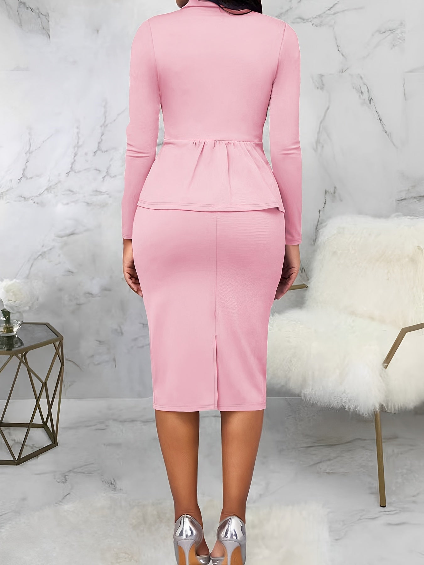 Solid Color Elegant Skirt Set, Long Sleeve Single Button Lapel Collar Blazer & High Waist Split Slim Skirt Outfits, Women's Clothing