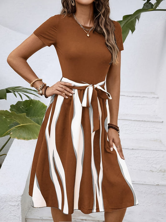 Women's Summer Dress Tie Waist Modest Midi Dress Short Sleeve A Line Belted Dress Daily Casual